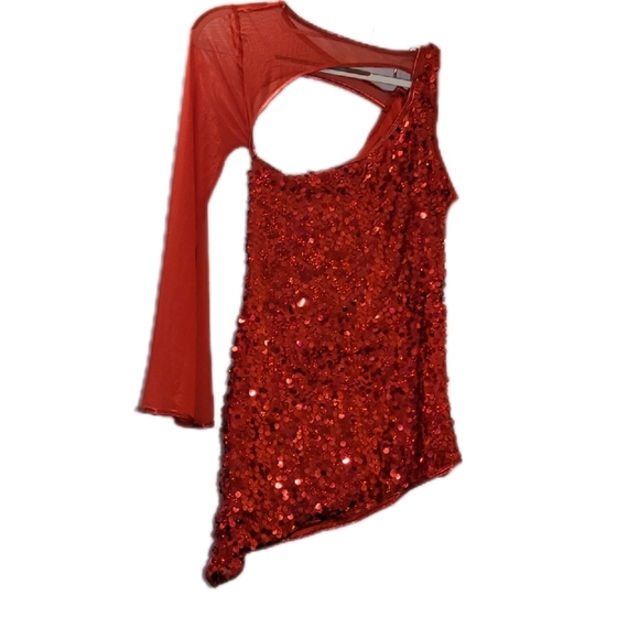COSTUME striking red sparkly dress, one sleeve, circle connector accent, NWT - Picture 6 of 6